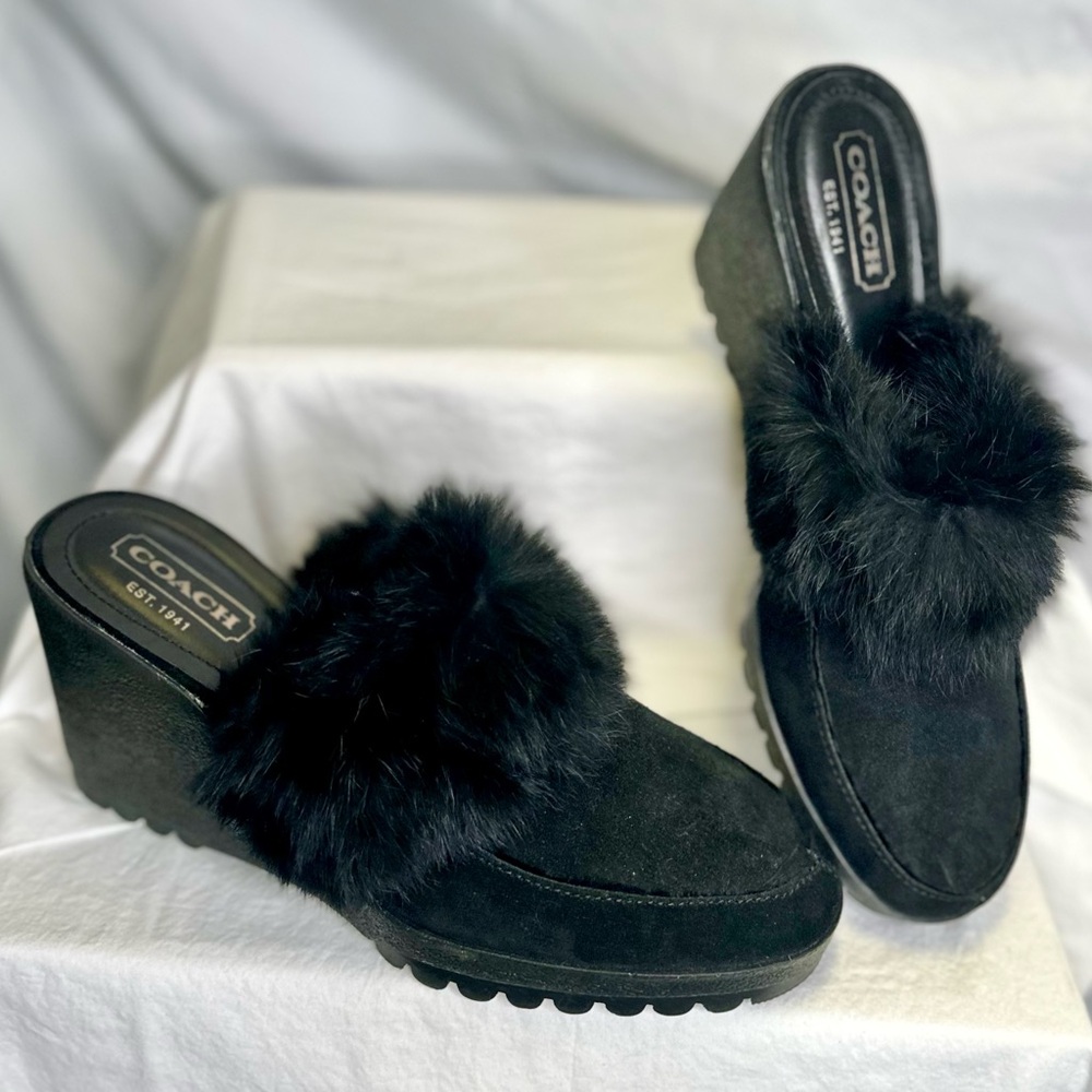 Coach Black Suede Wedge Mules with Fur Trim